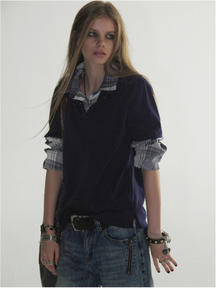 Faux Two-Piece Double-Layer Collar Vintage Plaid Patchwork Long-Sleeve Loose Washed T-Shirt【s0000018040】