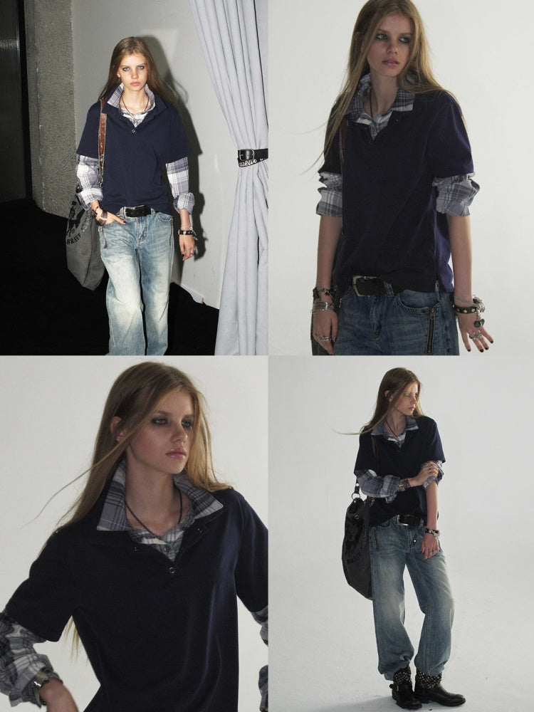 Faux Two-Piece Double-Layer Collar Vintage Plaid Patchwork Long-Sleeve Loose Washed T-Shirt【s0000018040】