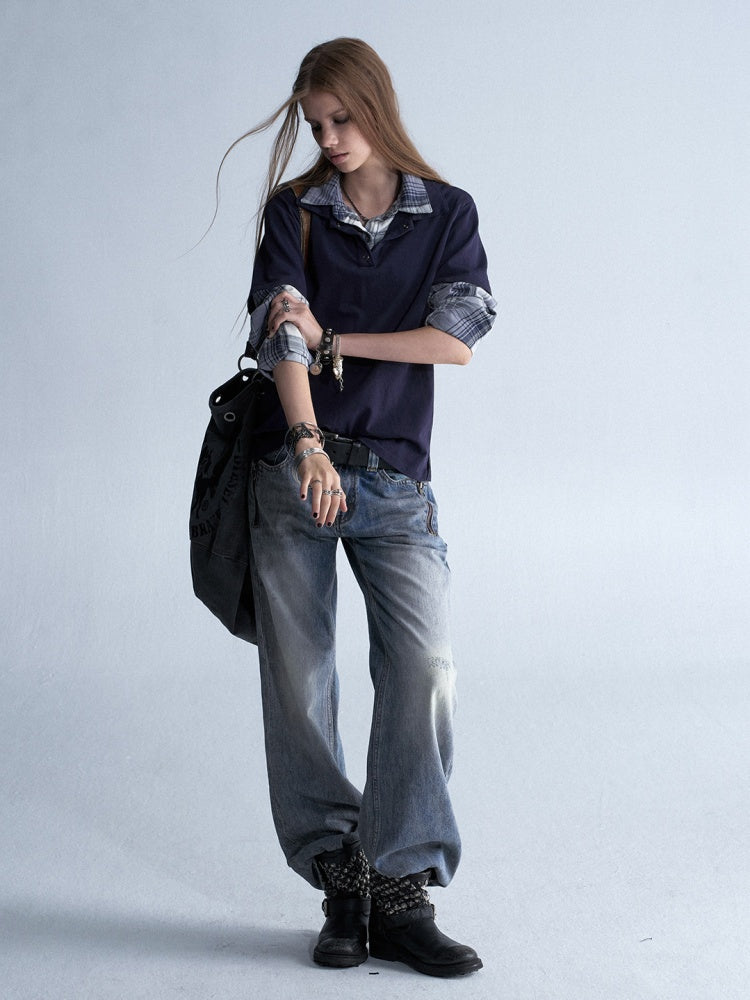 Faux Two-Piece Double-Layer Collar Vintage Plaid Patchwork Long-Sleeve Loose Washed T-Shirt【s0000018040】