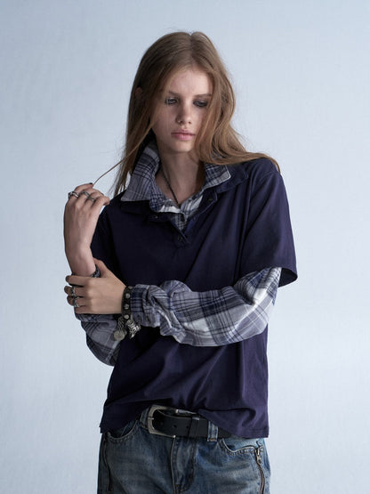Faux Two-Piece Double-Layer Collar Vintage Plaid Patchwork Long-Sleeve Loose Washed T-Shirt【s0000018040】