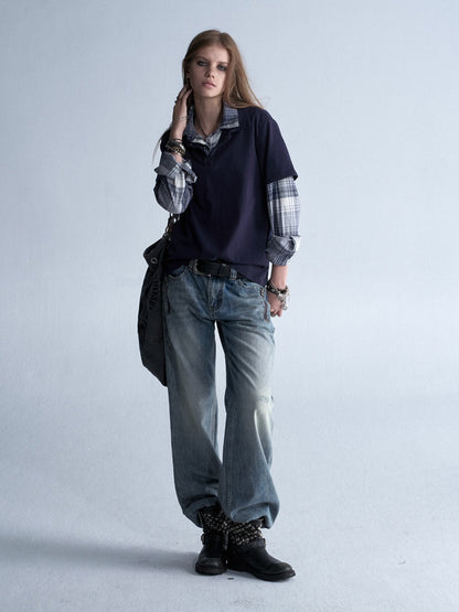 Faux Two-Piece Double-Layer Collar Vintage Plaid Patchwork Long-Sleeve Loose Washed T-Shirt【s0000018040】