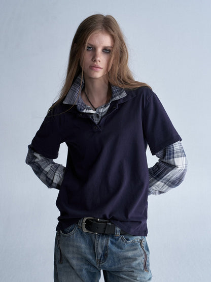 Faux Two-Piece Double-Layer Collar Vintage Plaid Patchwork Long-Sleeve Loose Washed T-Shirt【s0000018040】