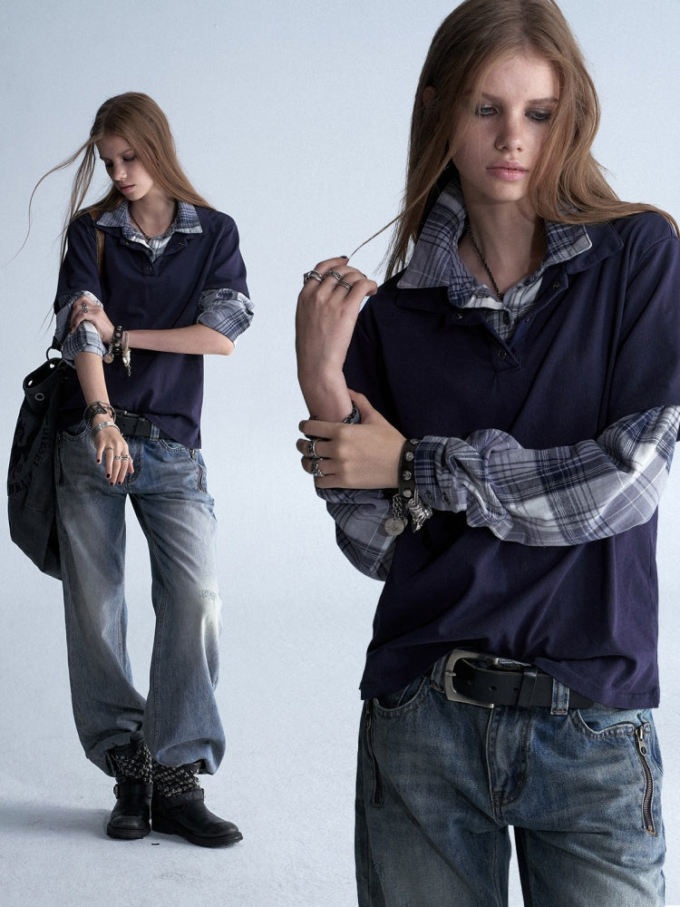 Faux Two-Piece Double-Layer Collar Vintage Plaid Patchwork Long-Sleeve Loose Washed T-Shirt【s0000018040】