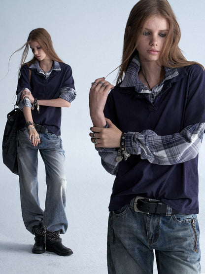 Faux Two-Piece Double-Layer Collar Vintage Plaid Patchwork Long-Sleeve Loose Washed T-Shirt【s0000018040】