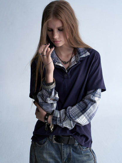 Faux Two-Piece Double-Layer Collar Vintage Plaid Patchwork Long-Sleeve Loose Washed T-Shirt【s0000018040】