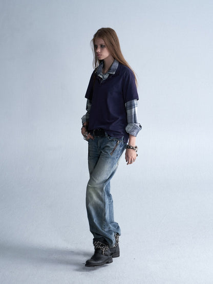 Faux Two-Piece Double-Layer Collar Vintage Plaid Patchwork Long-Sleeve Loose Washed T-Shirt【s0000018040】