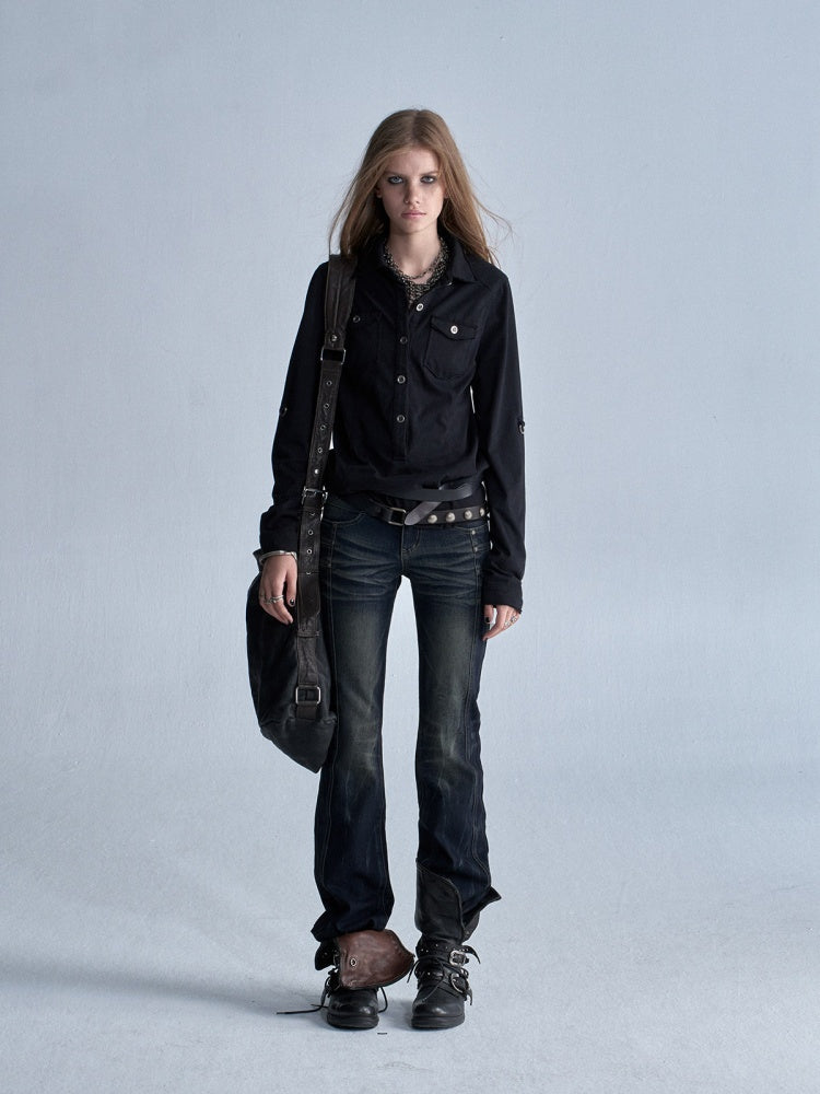Half-Placket Adjustable Sleeve Metal Buckle Washed Long-Sleeve Shirt【s0000018041】