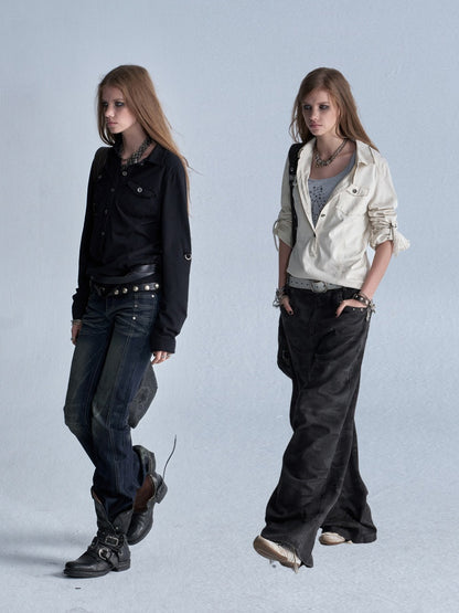 Half-Placket Adjustable Sleeve Metal Buckle Washed Long-Sleeve Shirt【s0000018041】