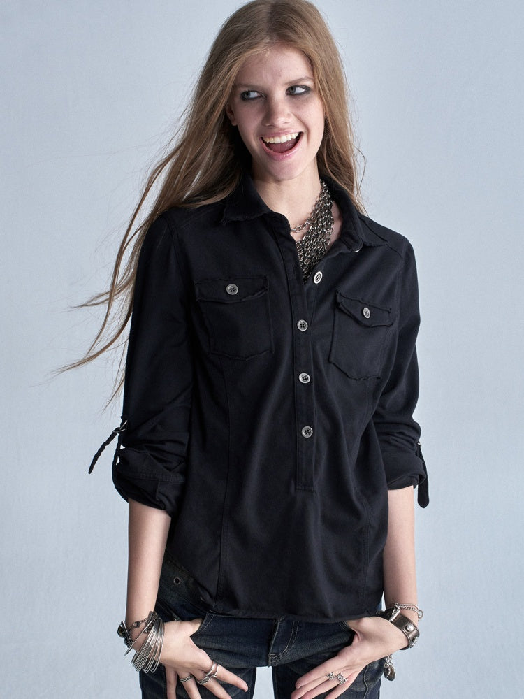 Half-Placket Adjustable Sleeve Metal Buckle Washed Long-Sleeve Shirt【s0000018041】