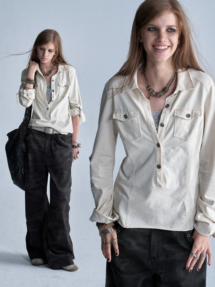 Half-Placket Adjustable Sleeve Metal Buckle Washed Long-Sleeve Shirt【s0000018041】