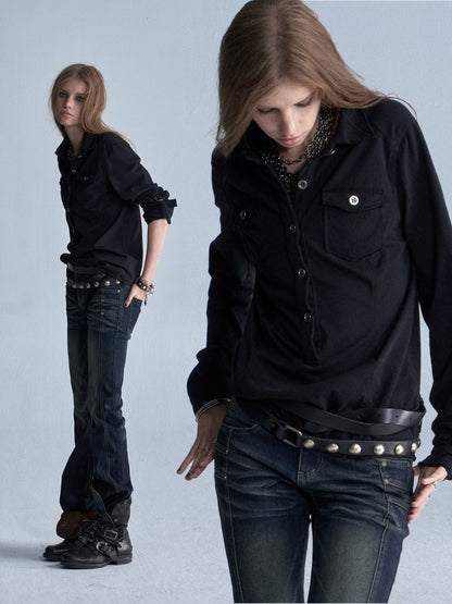 Half-Placket Adjustable Sleeve Metal Buckle Washed Long-Sleeve Shirt【s0000018041】