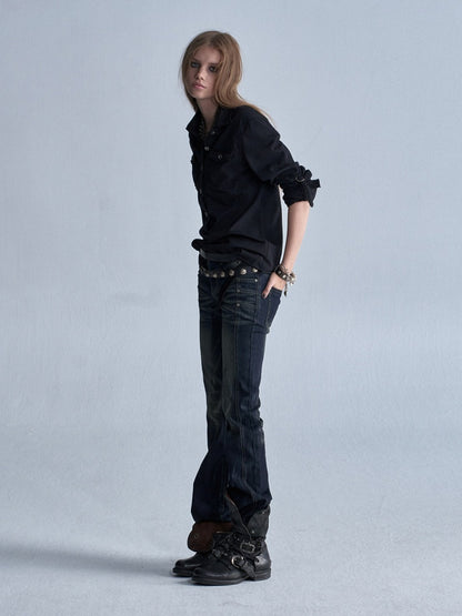 Half-Placket Adjustable Sleeve Metal Buckle Washed Long-Sleeve Shirt【s0000018041】