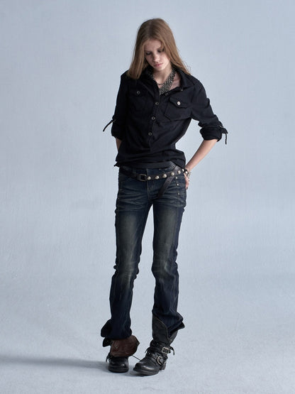 Half-Placket Adjustable Sleeve Metal Buckle Washed Long-Sleeve Shirt【s0000018041】
