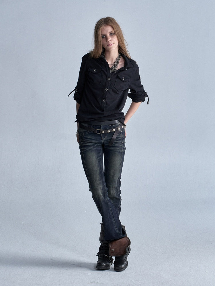 Half-Placket Adjustable Sleeve Metal Buckle Washed Long-Sleeve Shirt【s0000018041】