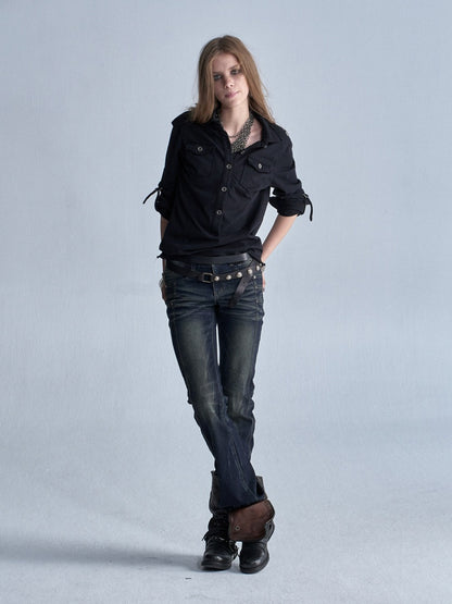 Half-Placket Adjustable Sleeve Metal Buckle Washed Long-Sleeve Shirt【s0000018041】