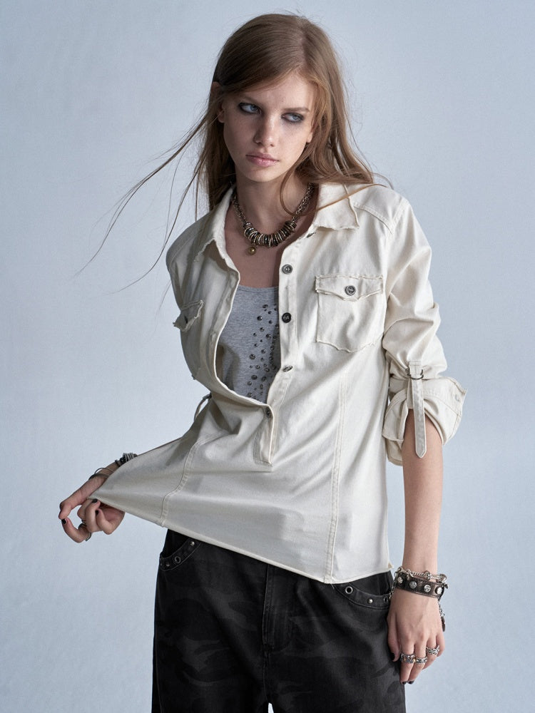 Half-Placket Adjustable Sleeve Metal Buckle Washed Long-Sleeve Shirt【s0000018041】