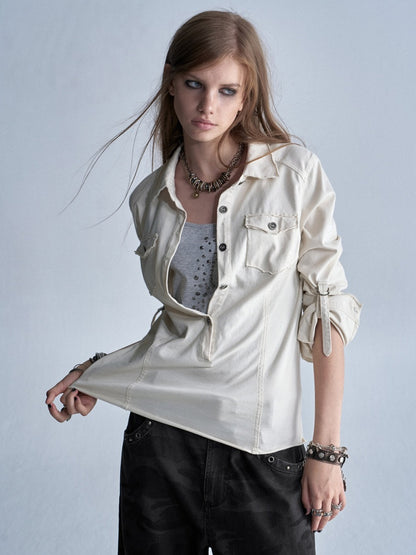 Half-Placket Adjustable Sleeve Metal Buckle Washed Long-Sleeve Shirt【s0000018041】