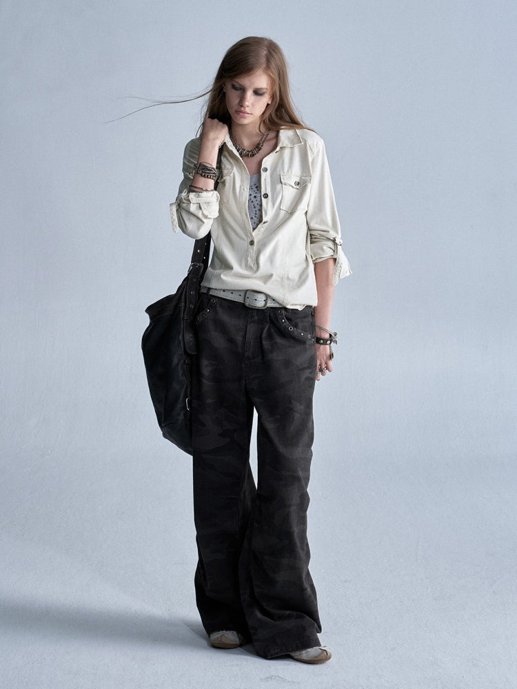 Half-Placket Adjustable Sleeve Metal Buckle Washed Long-Sleeve Shirt【s0000018041】