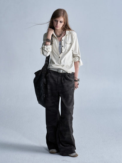 Half-Placket Adjustable Sleeve Metal Buckle Washed Long-Sleeve Shirt【s0000018041】