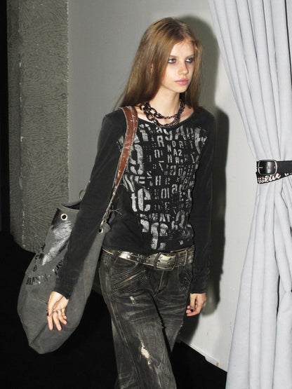 V-Neck Shining Silver Full Print Frayed Edges Asymmetrical Washed-Out Distressed Slim Punk Long-Sleeve T-Shirt【s0000018042】
