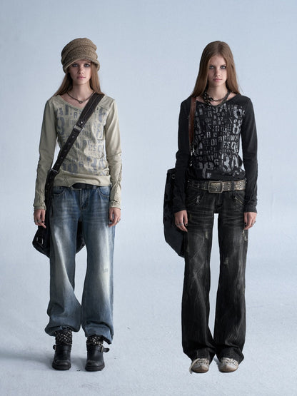 V-Neck Shining Silver Full Print Frayed Edges Asymmetrical Washed-Out Distressed Slim Punk Long-Sleeve T-Shirt【s0000018042】