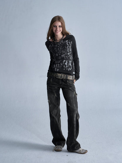 V-Neck Shining Silver Full Print Frayed Edges Asymmetrical Washed-Out Distressed Slim Punk Long-Sleeve T-Shirt【s0000018042】