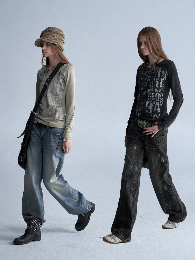 V-Neck Shining Silver Full Print Frayed Edges Asymmetrical Washed-Out Distressed Slim Punk Long-Sleeve T-Shirt【s0000018042】