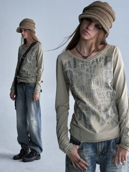 V-Neck Shining Silver Full Print Frayed Edges Asymmetrical Washed-Out Distressed Slim Punk Long-Sleeve T-Shirt【s0000018042】