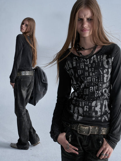 V-Neck Shining Silver Full Print Frayed Edges Asymmetrical Washed-Out Distressed Slim Punk Long-Sleeve T-Shirt【s0000018042】