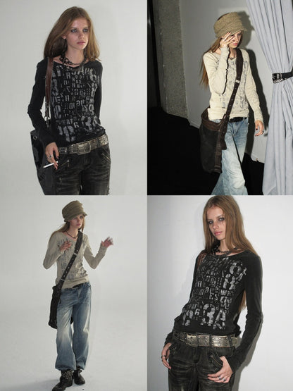 V-Neck Shining Silver Full Print Frayed Edges Asymmetrical Washed-Out Distressed Slim Punk Long-Sleeve T-Shirt【s0000018042】