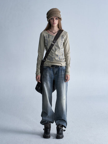 V-Neck Shining Silver Full Print Frayed Edges Asymmetrical Washed-Out Distressed Slim Punk Long-Sleeve T-Shirt【s0000018042】