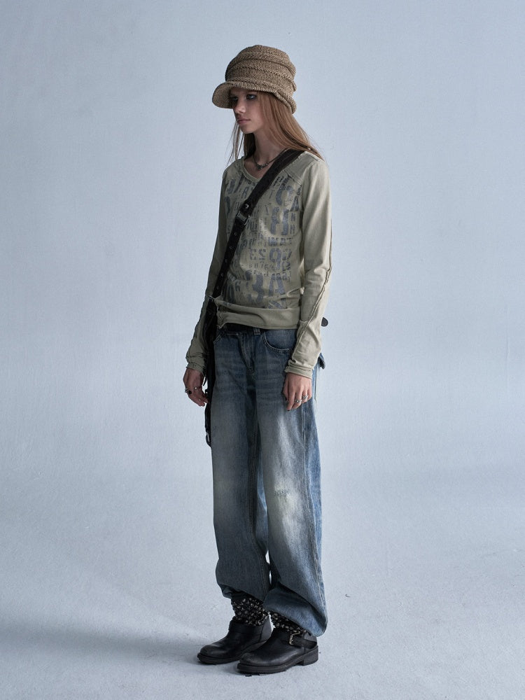 V-Neck Shining Silver Full Print Frayed Edges Asymmetrical Washed-Out Distressed Slim Punk Long-Sleeve T-Shirt【s0000018042】