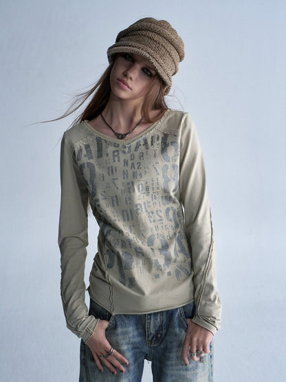 V-Neck Shining Silver Full Print Frayed Edges Asymmetrical Washed-Out Distressed Slim Punk Long-Sleeve T-Shirt【s0000018042】