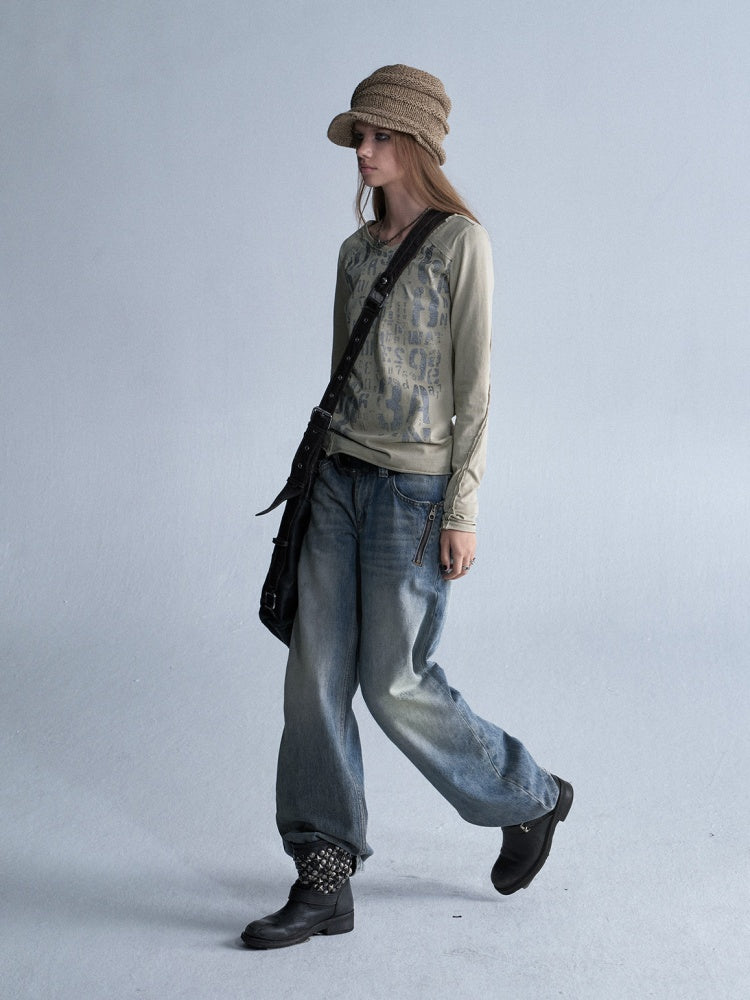 V-Neck Shining Silver Full Print Frayed Edges Asymmetrical Washed-Out Distressed Slim Punk Long-Sleeve T-Shirt【s0000018042】