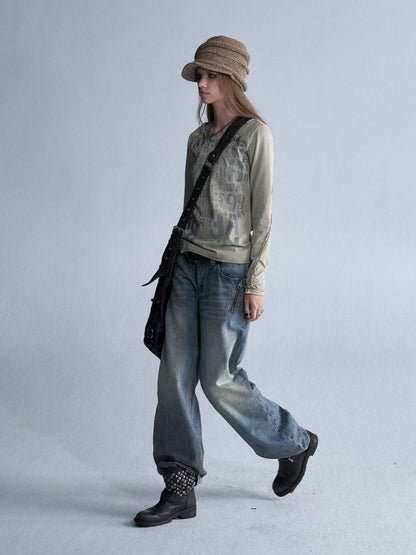 V-Neck Shining Silver Full Print Frayed Edges Asymmetrical Washed-Out Distressed Slim Punk Long-Sleeve T-Shirt【s0000018042】