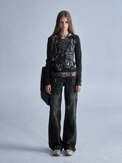 V-Neck Shining Silver Full Print Frayed Edges Asymmetrical Washed-Out Distressed Slim Punk Long-Sleeve T-Shirt【s0000018042】