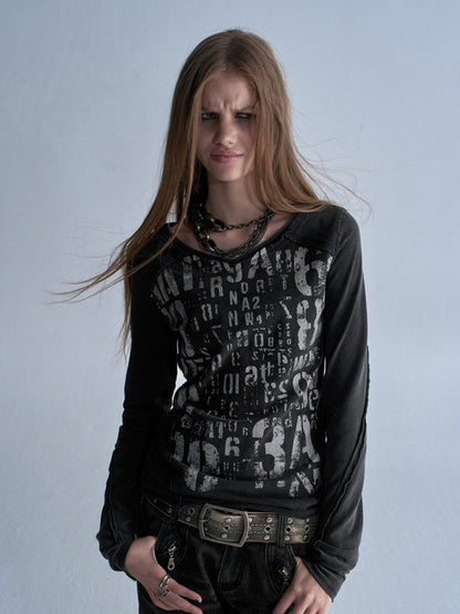 V-Neck Shining Silver Full Print Frayed Edges Asymmetrical Washed-Out Distressed Slim Punk Long-Sleeve T-Shirt【s0000018042】