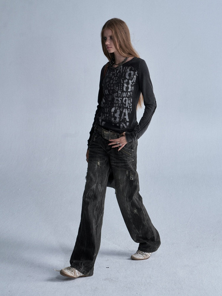 V-Neck Shining Silver Full Print Frayed Edges Asymmetrical Washed-Out Distressed Slim Punk Long-Sleeve T-Shirt【s0000018042】