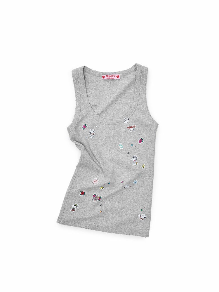 1JINN STUDIO x Snoopy Collaboration Vintage Sticker Printed Large U-neck Wide Strap Tight Tank Top【s0000018118】
