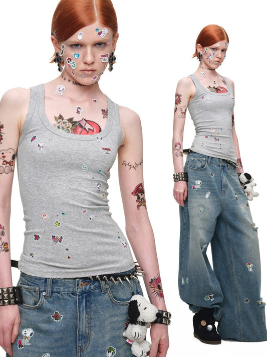 1JINN STUDIO x Snoopy Collaboration Vintage Sticker Printed Large U-neck Wide Strap Tight Tank Top【s0000018118】