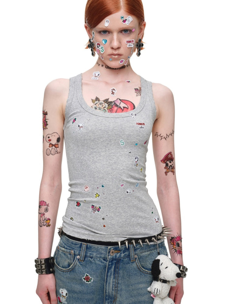 1JINN STUDIO x Snoopy Collaboration Vintage Sticker Printed Large U-neck Wide Strap Tight Tank Top【s0000018118】