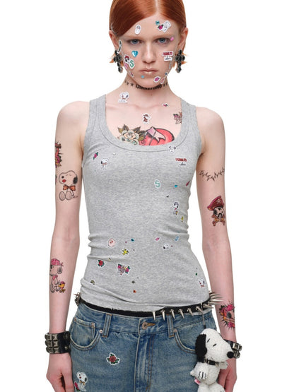 1JINN STUDIO x Snoopy Collaboration Vintage Sticker Printed Large U-neck Wide Strap Tight Tank Top【s0000018118】