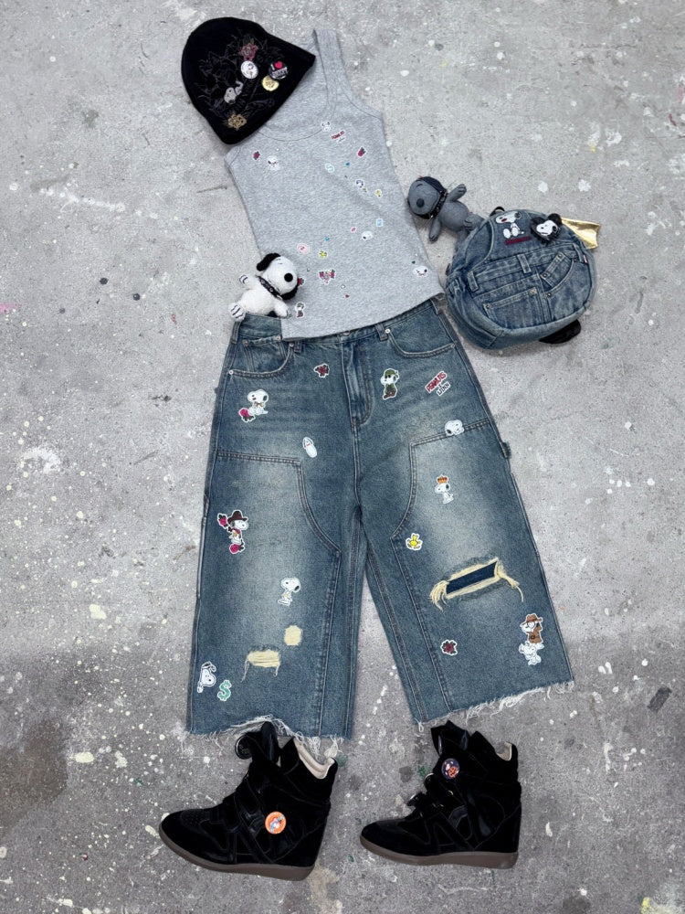 1JINN STUDIO x Snoopy Collaboration Vintage Sticker Printed Large U-neck Wide Strap Tight Tank Top【s0000018118】