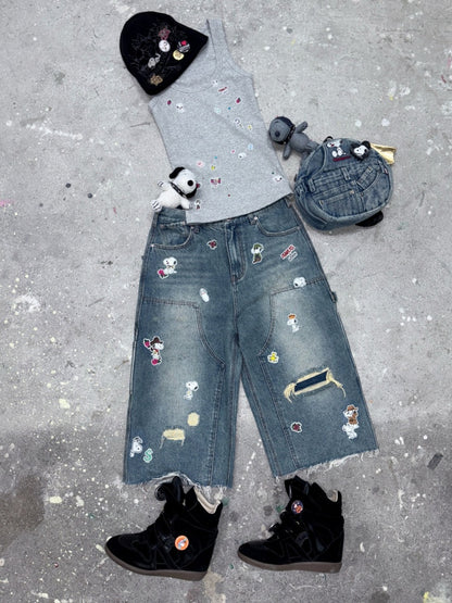 1JINN STUDIO x Snoopy Collaboration Vintage Sticker Printed Large U-neck Wide Strap Tight Tank Top【s0000018118】