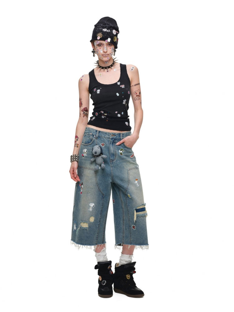 1JINN STUDIO x Snoopy Collaboration Vintage Sticker Printed Large U-neck Wide Strap Tight Tank Top【s0000018118】