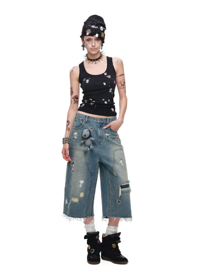 1JINN STUDIO x Snoopy Collaboration Vintage Sticker Printed Large U-neck Wide Strap Tight Tank Top【s0000018118】