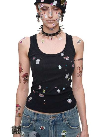 1JINN STUDIO x Snoopy Collaboration Vintage Sticker Printed Large U-neck Wide Strap Tight Tank Top【s0000018118】