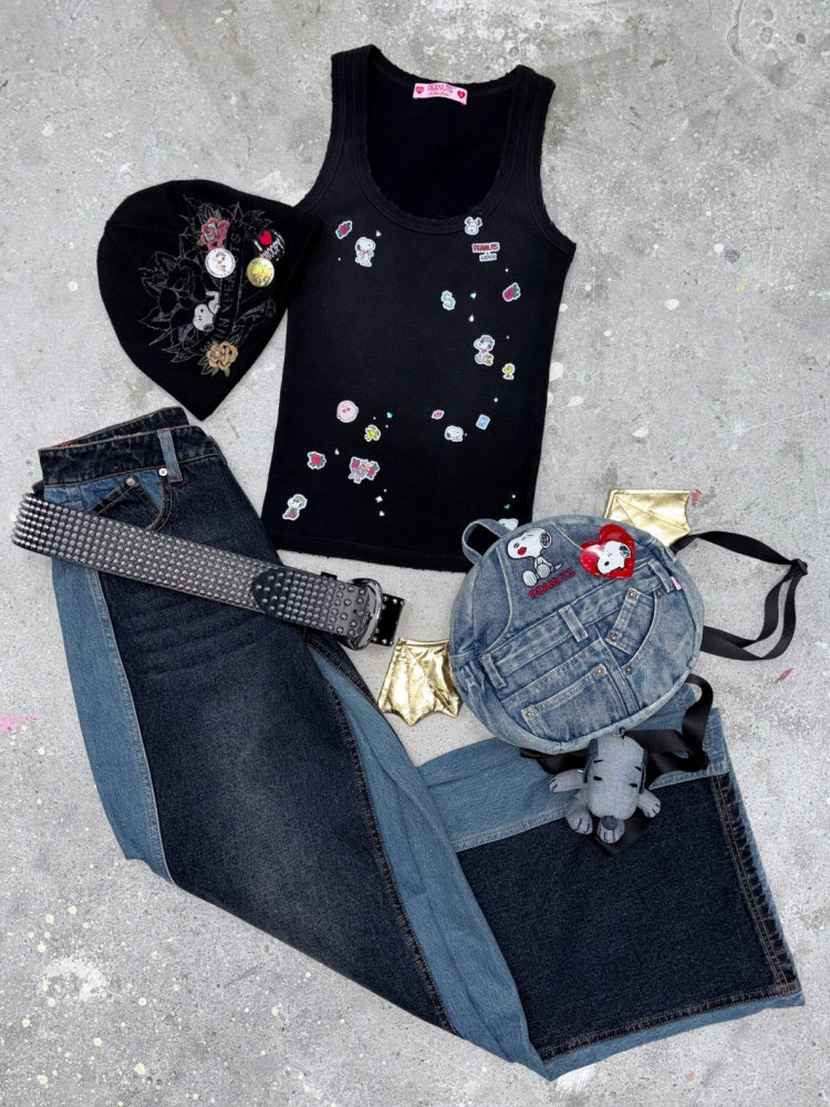1JINN STUDIO x Snoopy Collaboration Vintage Sticker Printed Large U-neck Wide Strap Tight Tank Top【s0000018118】
