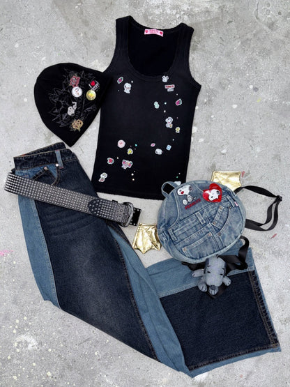 1JINN STUDIO x Snoopy Collaboration Vintage Sticker Printed Large U-neck Wide Strap Tight Tank Top【s0000018118】