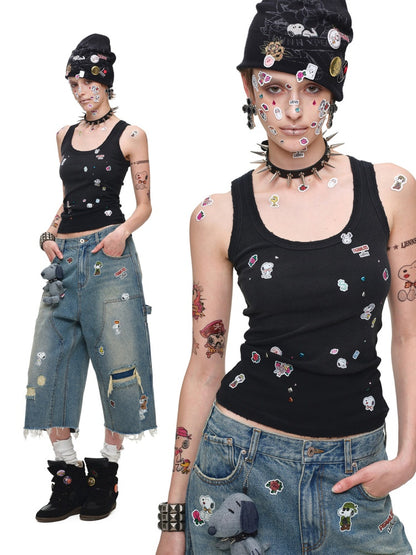 1JINN STUDIO x Snoopy Collaboration Vintage Sticker Printed Large U-neck Wide Strap Tight Tank Top【s0000018118】